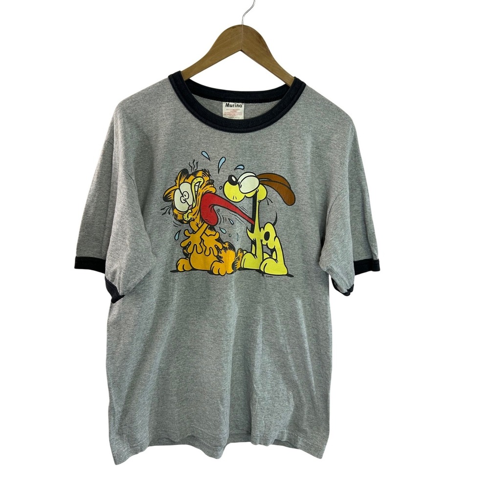 Murina VTG Y2K Garfield Odie Ringer Tee Large Gray Cotton Blend Retro Cartoon